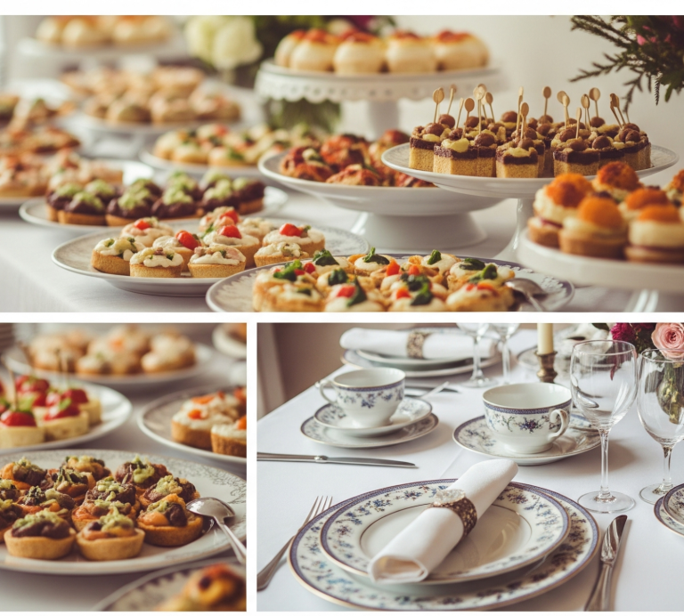 Catering para eventos Madrid grupo alfoli Plato blanco con flores secas y tarjeta sobre un mantel beige, acompañado de copas.