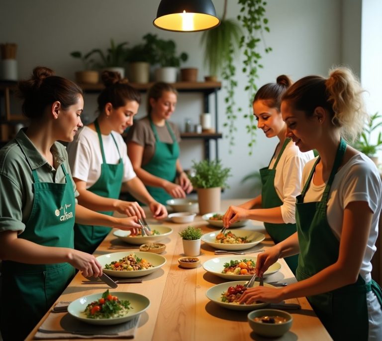 Talleres de cocina en MAdrid grupo alfoli Grupo de personas cocinando y preparando ensaladas en una cocina luminosa.